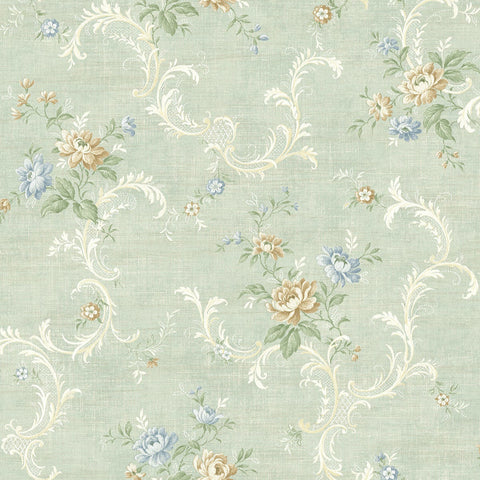 MV80102 Tossed Floral Scroll Sky Blue Gold Shimmer Wallpaper