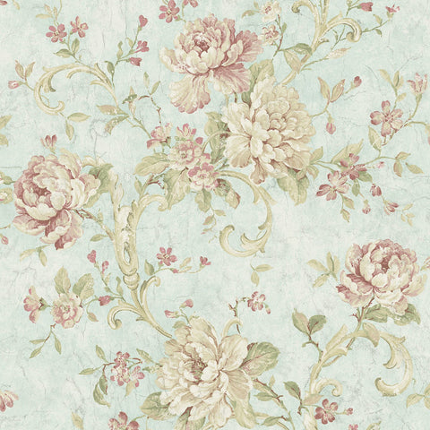 MV80402 Floral Scroll Sky Blue Rose Wallpaper