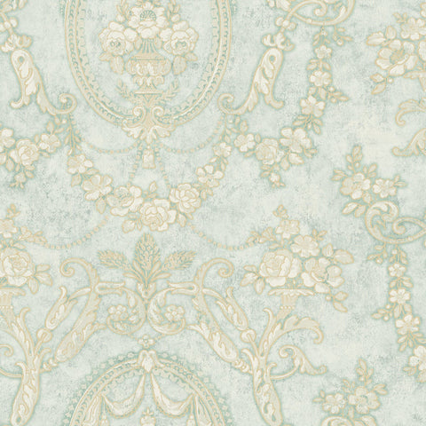MV80602 Vintage Cameo Gold Shimmer Sky Blue Wallpaper