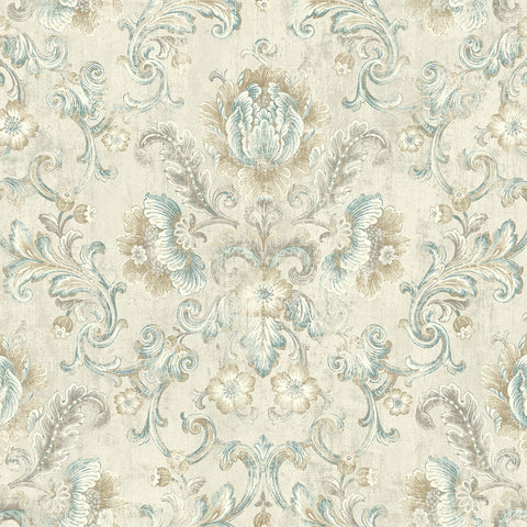 MV80908 Floral Cameo Greige Blue Wallpaper