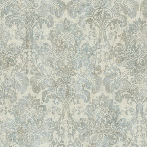 MV81702 Vintage Damask Metallic Sky Blue Ivory Wallpaper