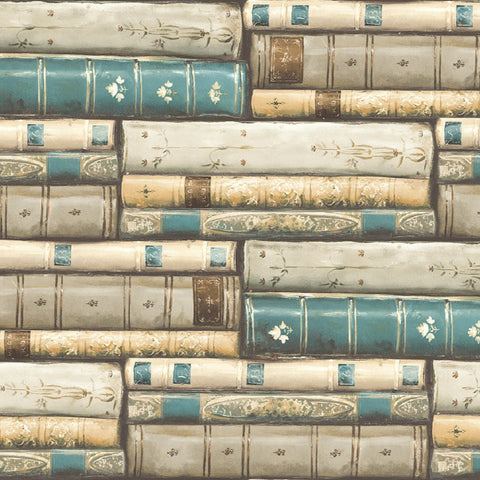 MV81802 Stacked Books Teal Greige Wallpaper