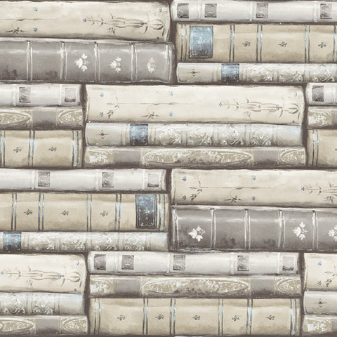 MV81808 Stacked Books Satin Sand Charcoal Wallpaper 