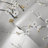 2927-81808 Monterey Silver metallic Mist Floral gray trees Branches white flowers Wallpaper