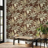 NG50159X Breeza Chocolate Tropical Leaf Stripe Wallpaper