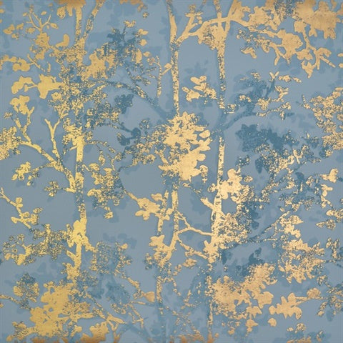 NW3581 Shimmering Foliage Blue Gold Wallpaper