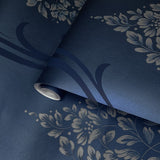 10217 Navy dark blue metallic beige floral damask wave lines Victorian wallpaper roll