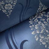 10217 Navy dark blue metallic beige floral damask wave lines Victorian wallpaper roll