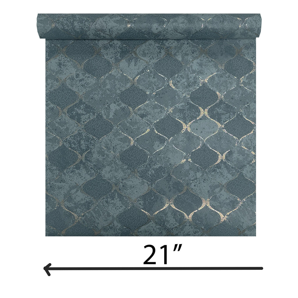 4105-86607 Pilak Matte blue gold metallic ogee diamond trellis distres ...