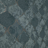 4105-86607 Pilak Matte blue gold metallic ogee diamond trellis distressed pattern wallpaper