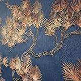 121017 Pine branches oriental dark navy blue bronze faux fabric textured wallpaper roll