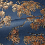 121017 Pine branches oriental dark navy blue bronze faux fabric textured wallpaper roll
