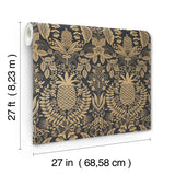 RF7483 Pineapple Damask Black Gold Wallpaper