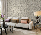 RH547481 Rennie Grey Leaves Wallpaper