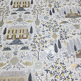 RI5107 White gray olive gold metallic toile scenic houses lemon trees rifle Wallpaper