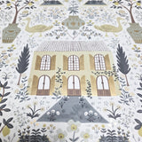 RI5107 White gray olive gold metallic toile scenic houses lemon trees rifle Wallpaper
