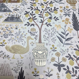 RI5107 White gray olive gold metallic toile scenic houses lemon trees rifle Wallpaper