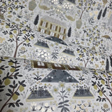 RI5107 White gray olive gold metallic toile scenic houses lemon trees rifle Wallpaper