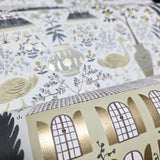 RI5107 White gray olive gold metallic toile scenic houses lemon trees rifle Wallpaper