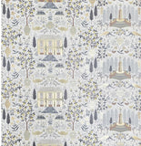 RI5107 White gray olive gold metallic toile scenic houses lemon trees rifle Wallpaper