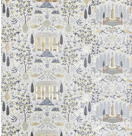 RI5107 White gray olive gold metallic toile scenic houses lemon trees rifle Wallpaper