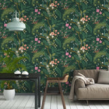 RI5168 Emerald dark green Tropical tree branches leaves flowers peacock Wallpaper rolls