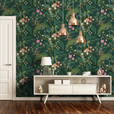 RI5168 Emerald dark green Tropical tree branches leaves flowers peacock Wallpaper rolls