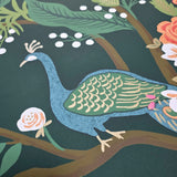 RI5168 Emerald dark green Tropical tree branches leaves flowers peacock Wallpaper rolls
