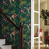 RI5168 Emerald dark green Tropical tree branches leaves flowers peacock Wallpaper rolls