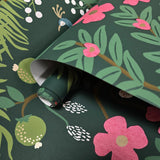 RI5168 Emerald dark green Tropical tree branches leaves flowers peacock Wallpaper rolls