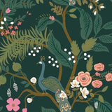 RI5168 Emerald dark green Tropical tree branches leaves flowers peacock Wallpaper rolls