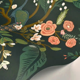 RI5168 Emerald dark green Tropical tree branches leaves flowers peacock Wallpaper rolls