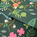 RI5168 Emerald dark green Tropical tree branches leaves flowers peacock Wallpaper rolls