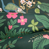 RI5168 Emerald dark green Tropical tree branches leaves flowers peacock Wallpaper rolls