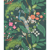 RI5168 Emerald dark green Tropical tree branches leaves flowers peacock Wallpaper rolls