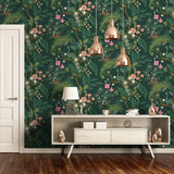 RI5168 Emerald dark green Tropical tree branches leaves flowers peacock Wallpaper rolls