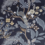 RI5170 Black gray olive bronze Tropical tree branches leaves flowers peacock Wallpaper
