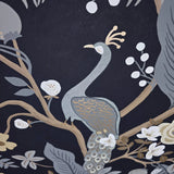 RI5170 Black gray olive bronze Tropical tree branches leaves flowers peacock Wallpaper

