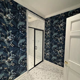 RI5170 Black gray olive bronze Tropical tree branches leaves flowers peacock Wallpaper
