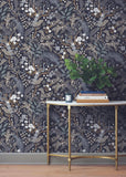 RI5170 Black gray olive bronze Tropical tree branches leaves flowers peacock Wallpaper
