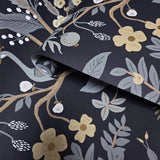 RI5170 Black gray olive bronze Tropical tree branches leaves flowers peacock Wallpaper
