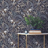 RI5170 Black gray olive bronze Tropical tree branches leaves flowers peacock Wallpaper
