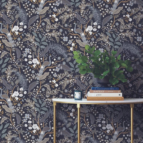 RI5170 Black gray olive bronze Tropical tree branches leaves flowers peacock Wallpaper
