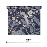 RI5172 Navy blue teal gold Tropical tree branches leaves flowers peacock Wallpaper roll
