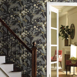 RI5172 Navy blue teal gold Tropical tree branches leaves flowers peacock Wallpaper roll