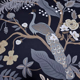 RI5172 Navy blue teal gold Tropical tree branches leaves flowers peacock Wallpaper roll