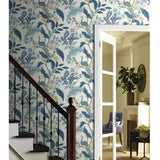 RI5173 White blue Tropical tree branches leaves flowers peacock botanical Wallpaper 3D
