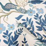 RI5173 White blue Tropical tree branches leaves flowers peacock botanical Wallpaper 3D
