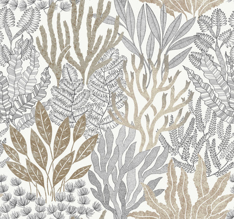 RT7802 Coral Leaves Taupe Black Wallpaper