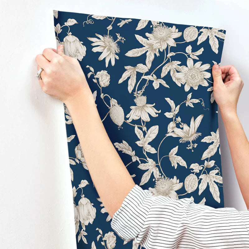 RT7856 Passion Flower Toile Navy Wallpaper – wallcoveringsmart